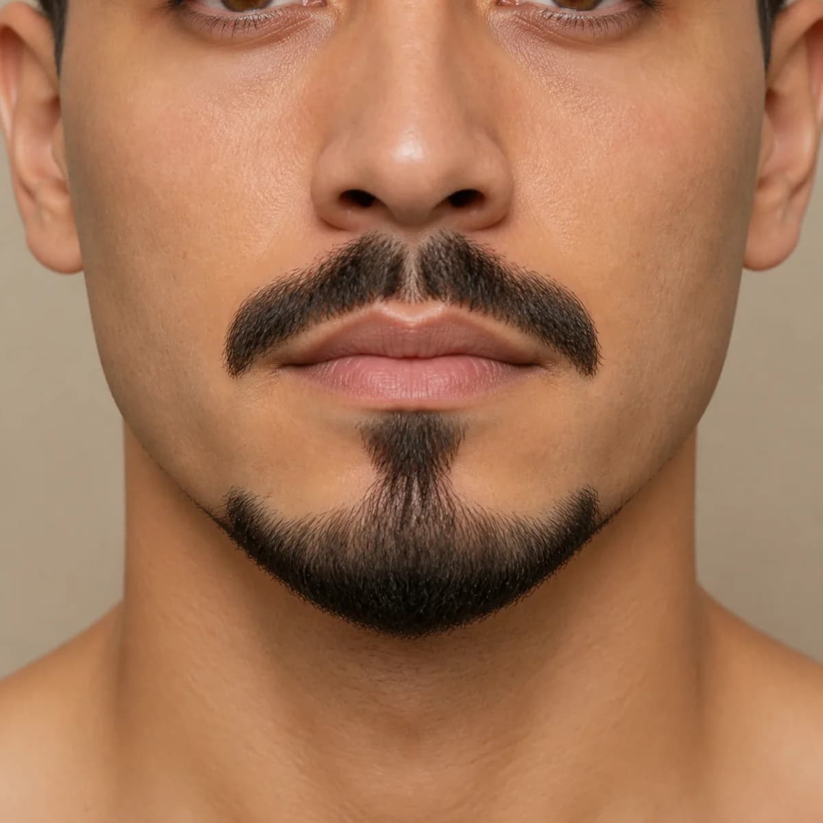 Close-up of a separate mustache, lower-lip strip, pointed chin and narrow front-jaw extensions with clean cheek gaps