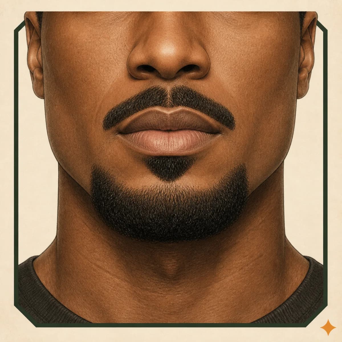 Close-up illustration of a floating mustache above a soul patch and broad lower beard with clean upper sides
