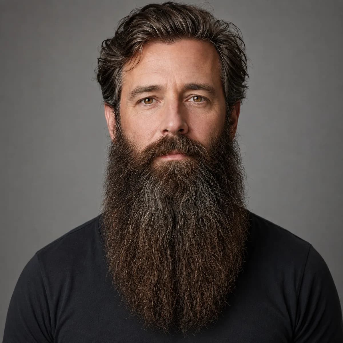 Close-up of full connected cheek, jaw and chin growth descending into a long softly irregular lower beard