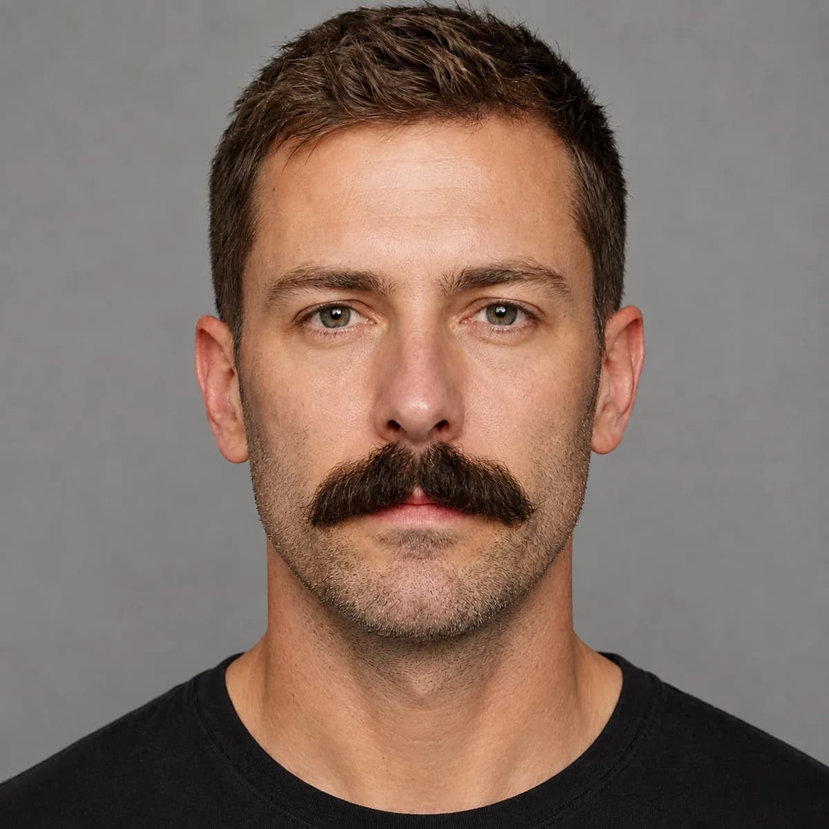 Close-up of a full mustache contrasted with much shorter light stubble over the cheeks, jaw and chin