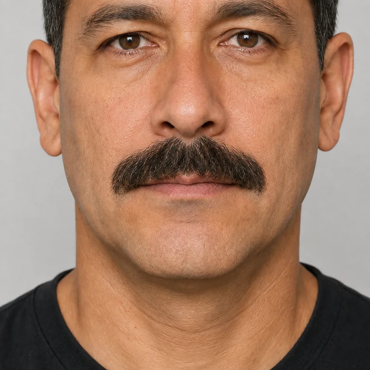 Close-up of a broad upper-lip mustache with a soft downward center, full body and ends just beyond the mouth corners