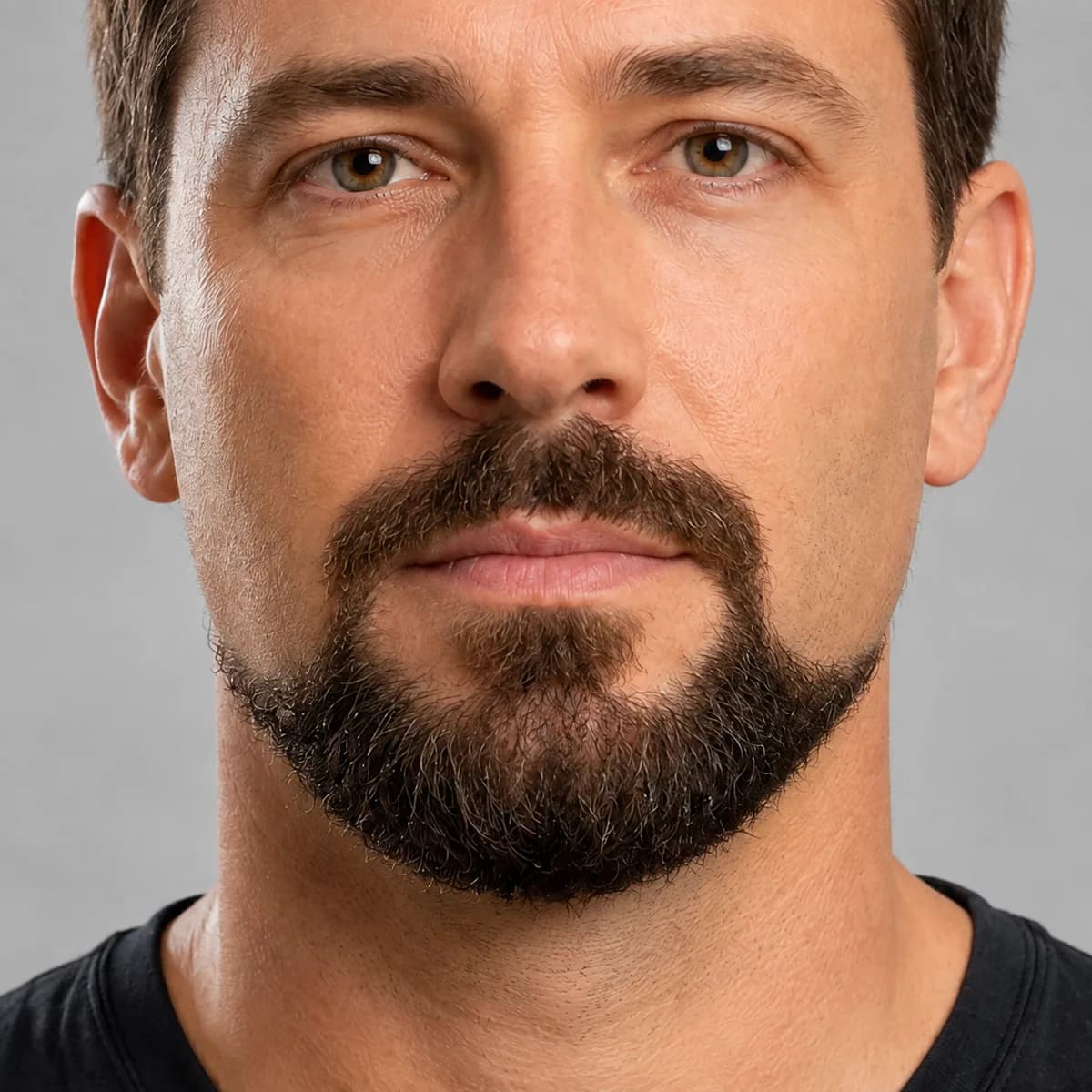 Close-up of connected mustache corners, covered chin and a low beard band ending before both sideburns