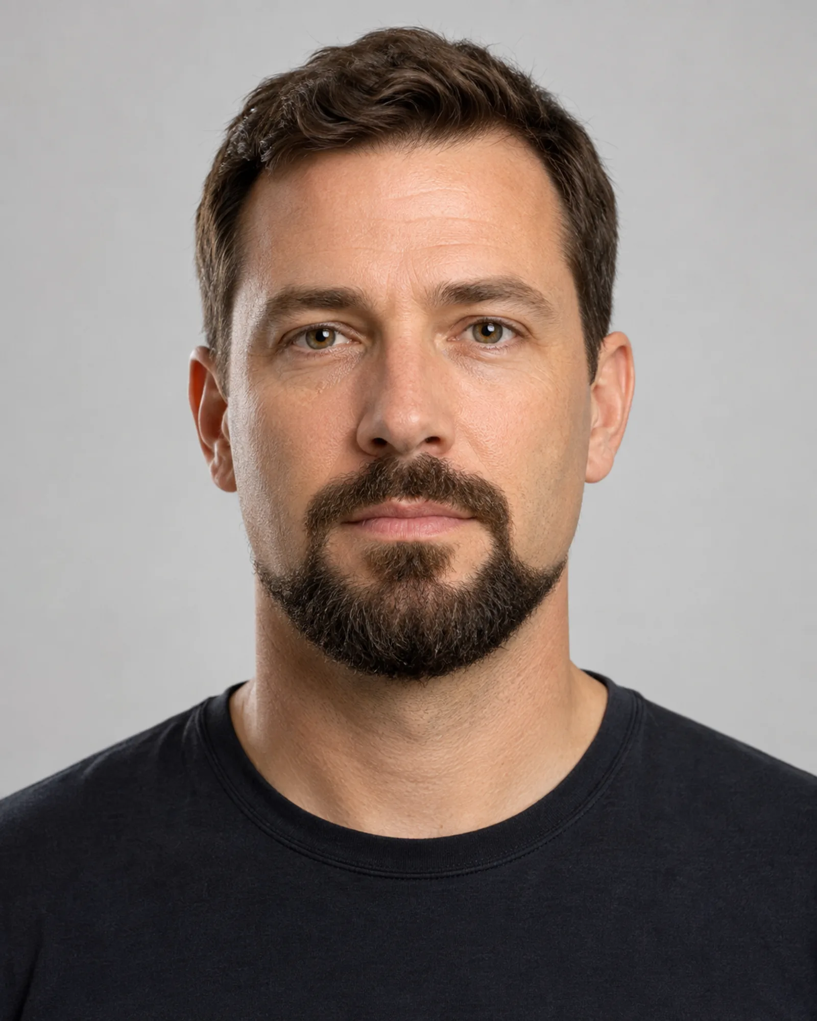 AI illustration of an adult man with a connected extended goatee widening from the chin toward both jaw corners