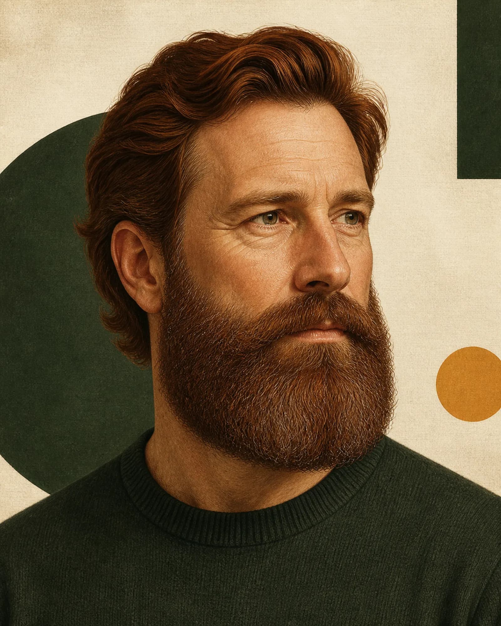 Editorial illustration of a wide connected Garibaldi beard with substantial volume and a broad rounded bottom
