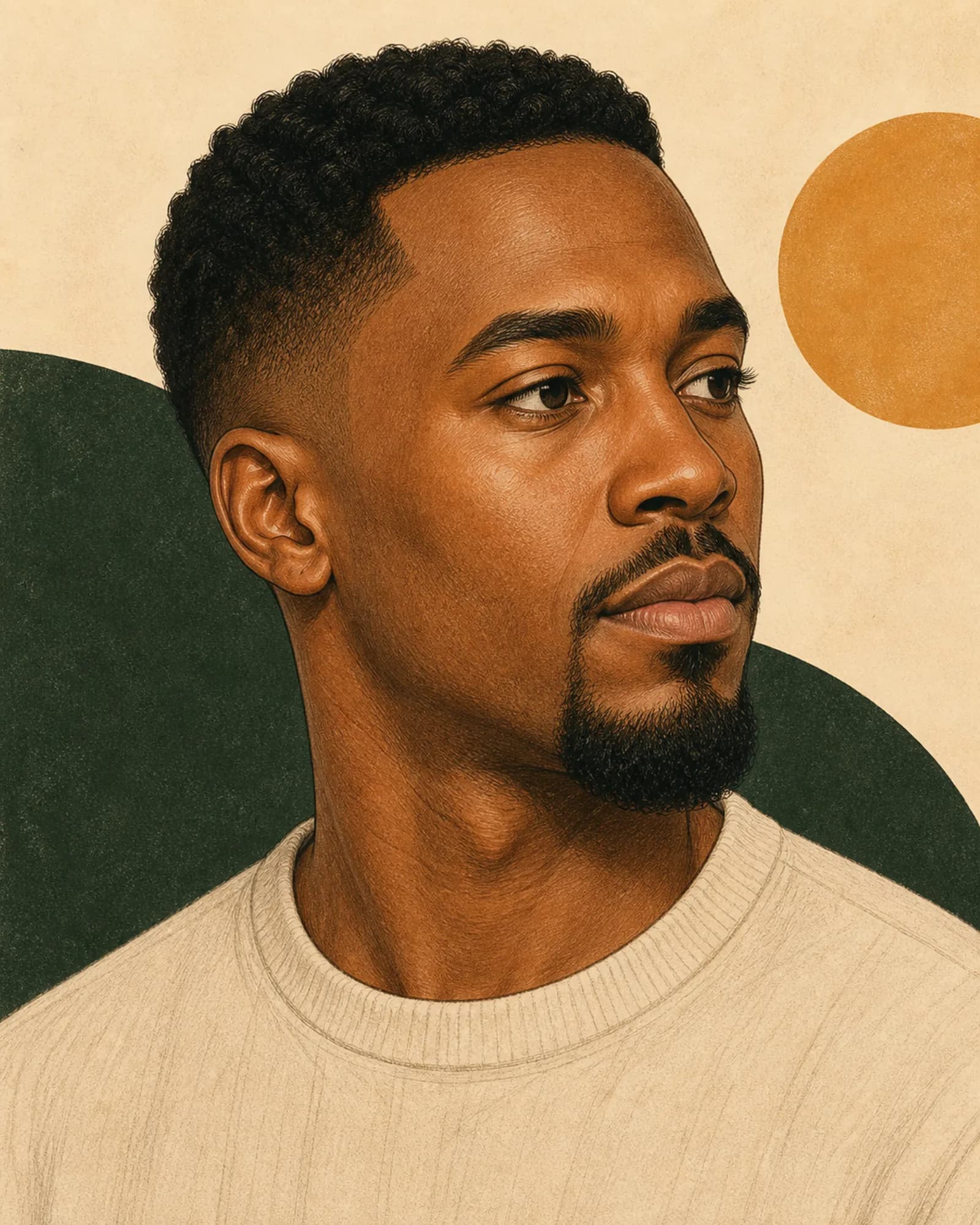 Editorial illustration of a compact chin-centered goatee with clean cheeks and jaw sides