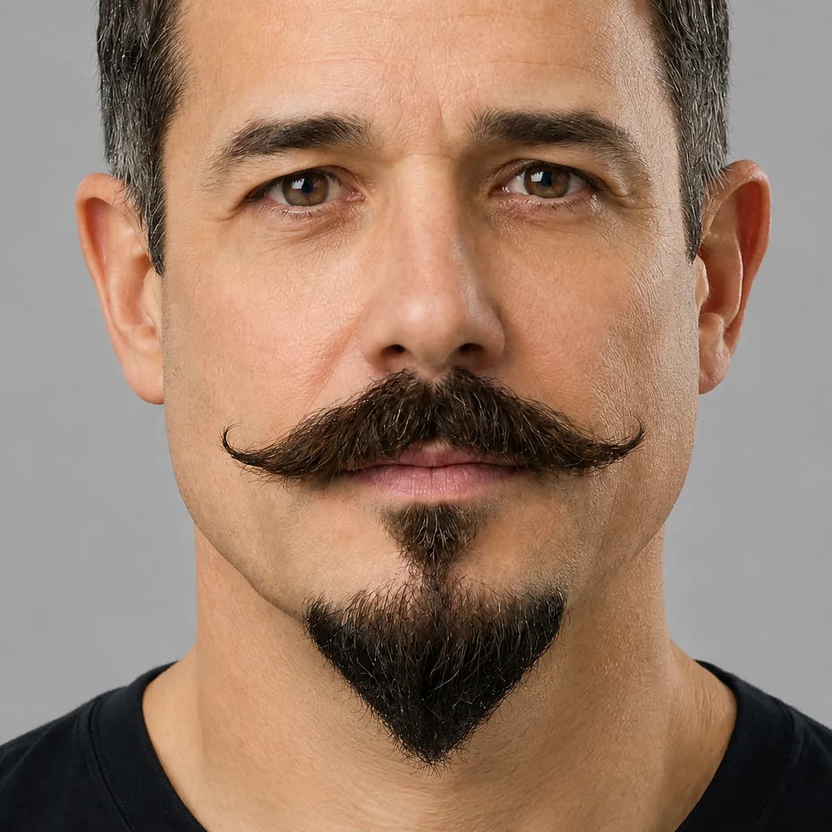 Close-up of outward-swept mustache tips above a separate soul patch and compact pointed chin beard