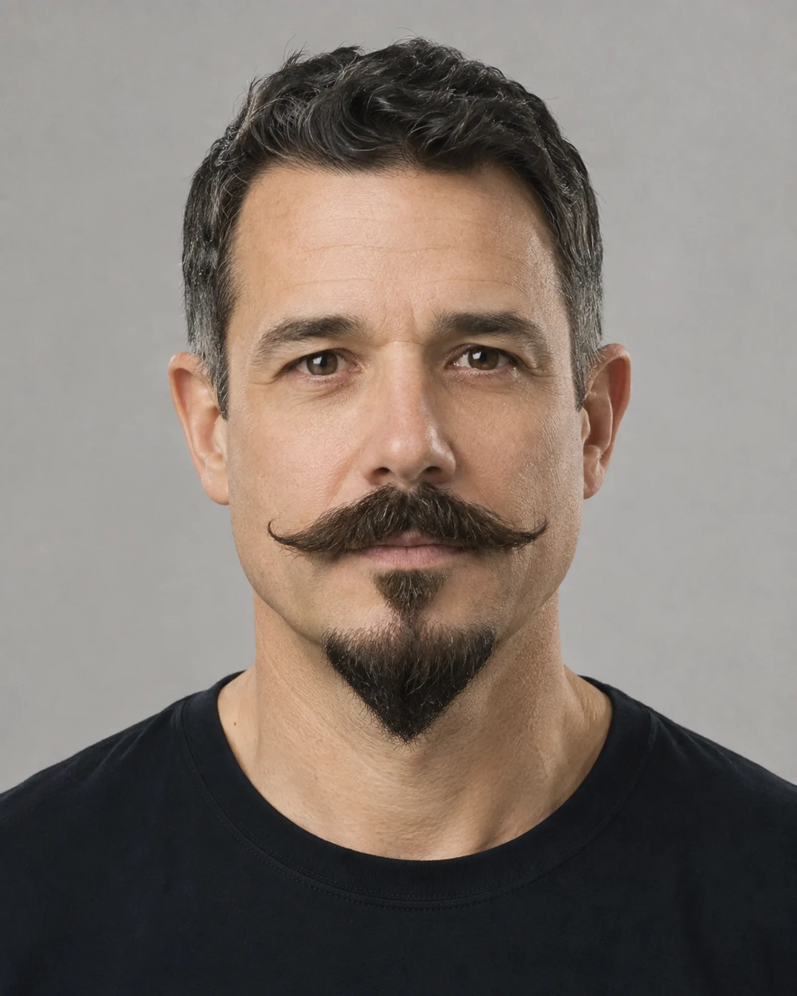 AI illustration of an adult man with a prominent outward-swept mustache and separate compact pointed Imperial chin beard
