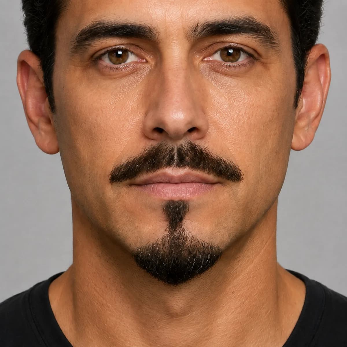 Close-up of a separate mustache, visible mouth-corner gaps, narrow lower-lip line and pointed chin beard