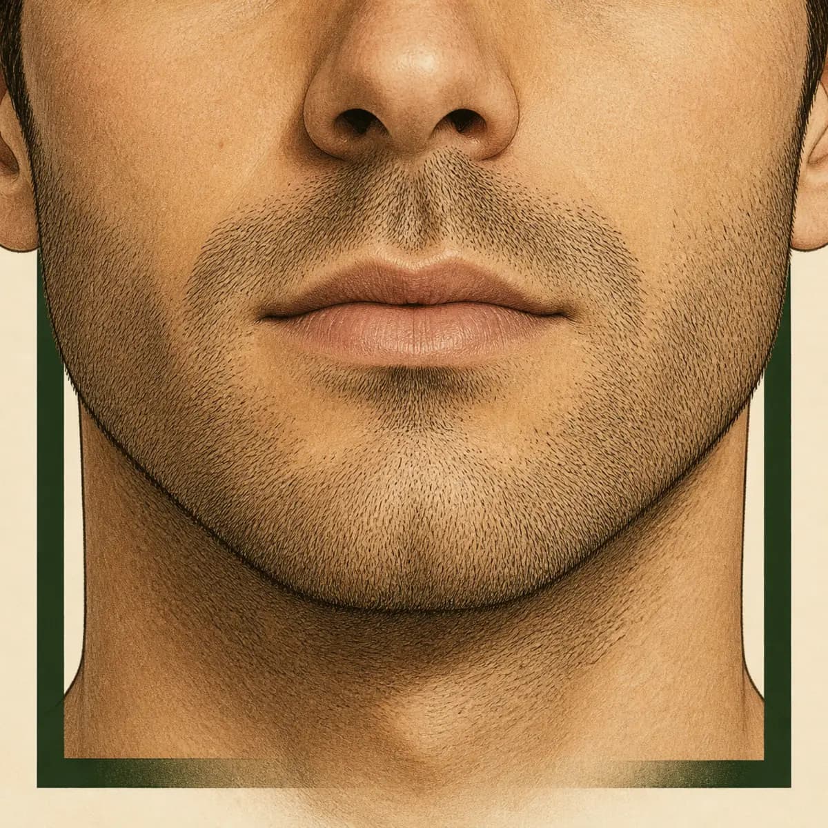 Close-up illustration showing the cheek, jaw, upper-lip, and neckline areas of short stubble