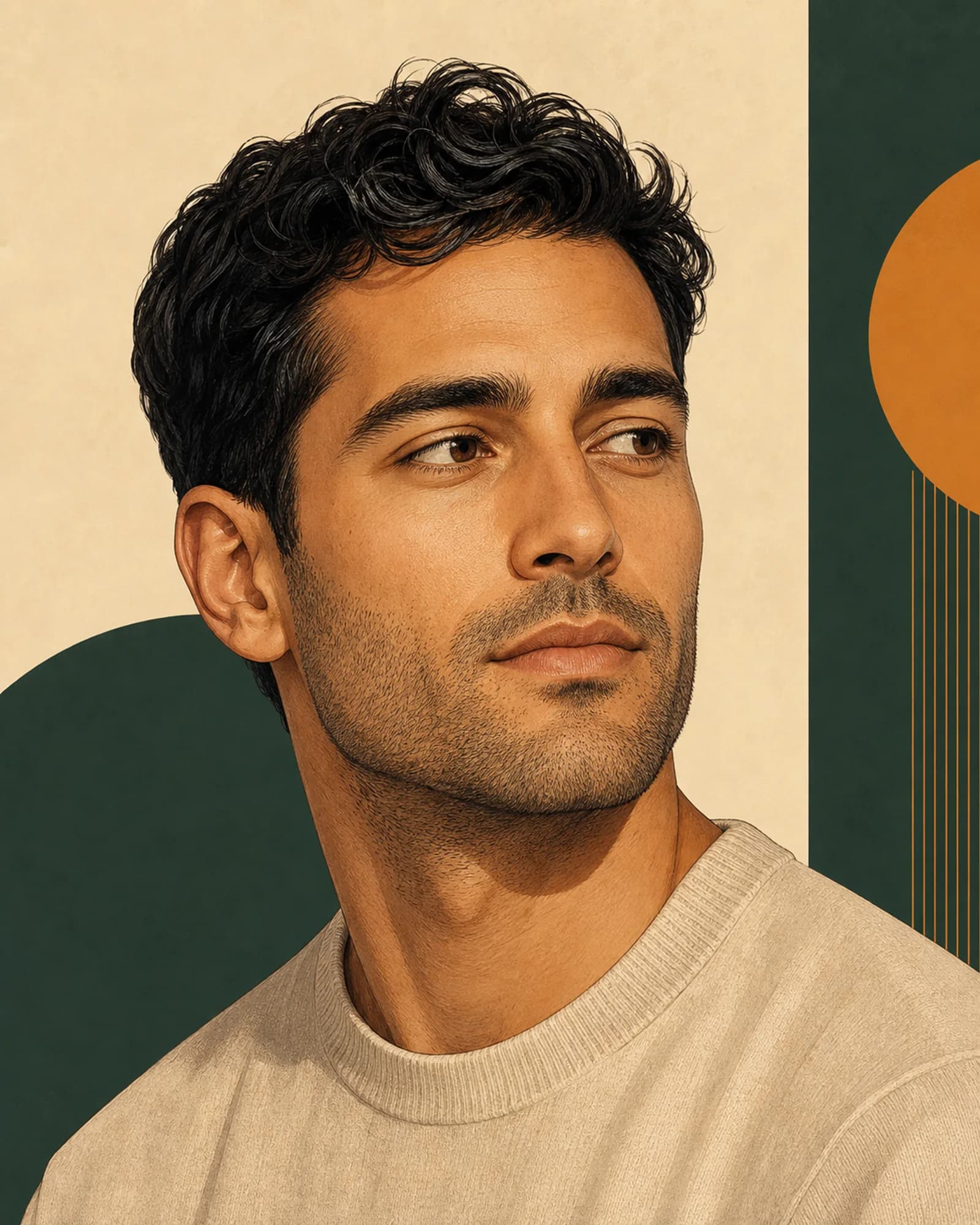 Editorial illustration of a man with short even stubble