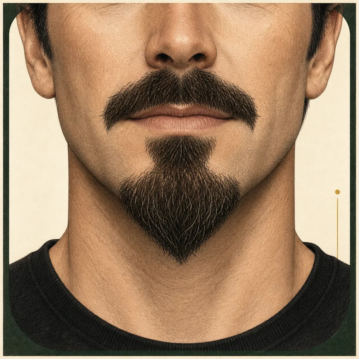 Close-up illustration of bilateral mouth-corner gaps, a separate mustache, and a pointed chin section