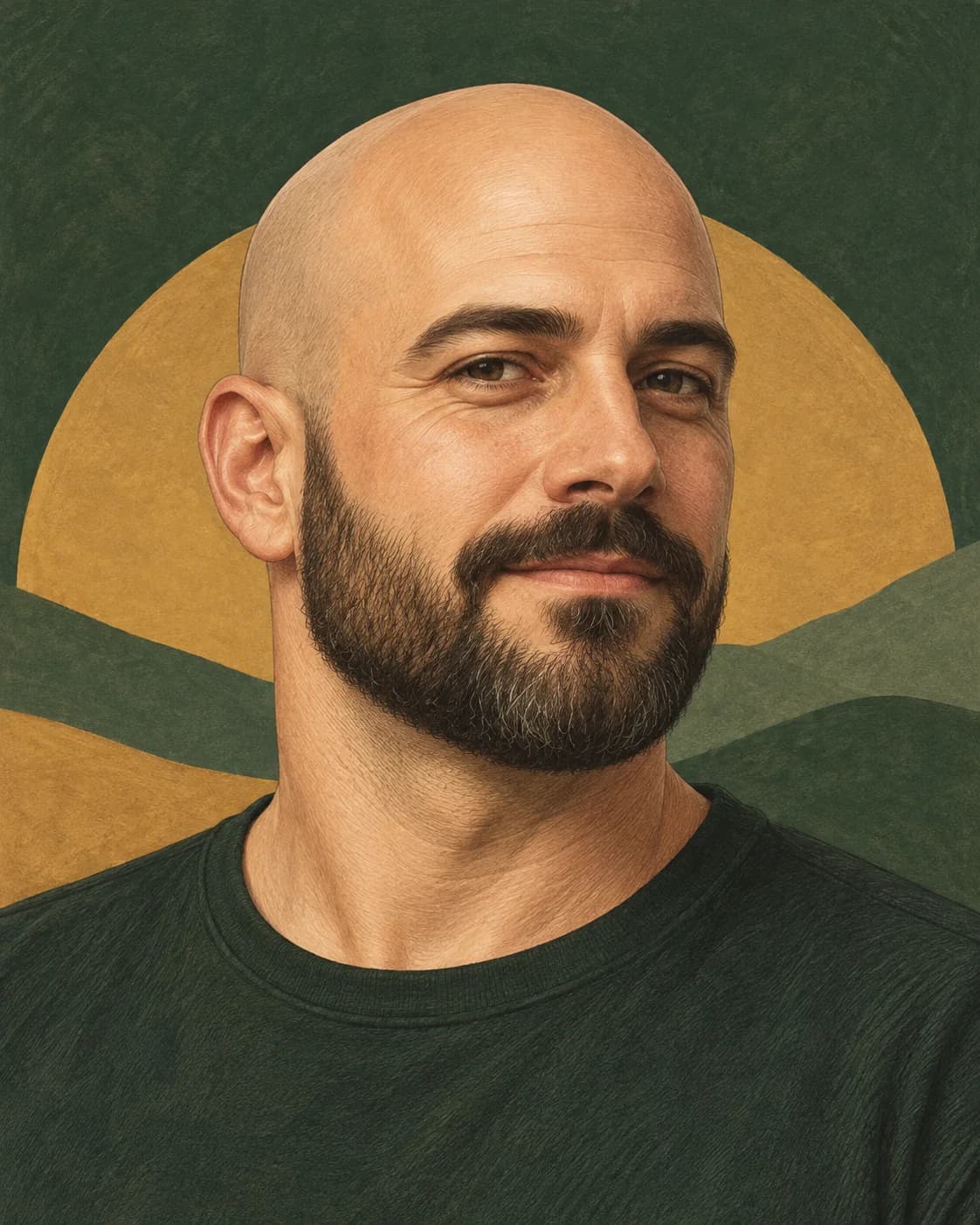 Illustration of a bald man with a short dark full beard