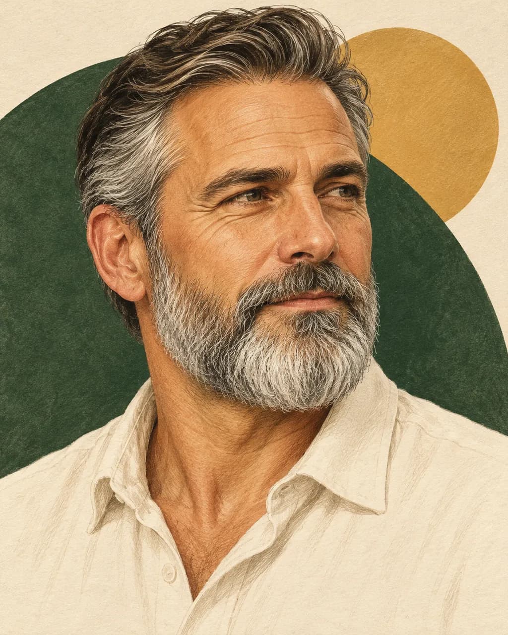 Ilustración de un hombre con barba completa canosa y bigote perfilados
