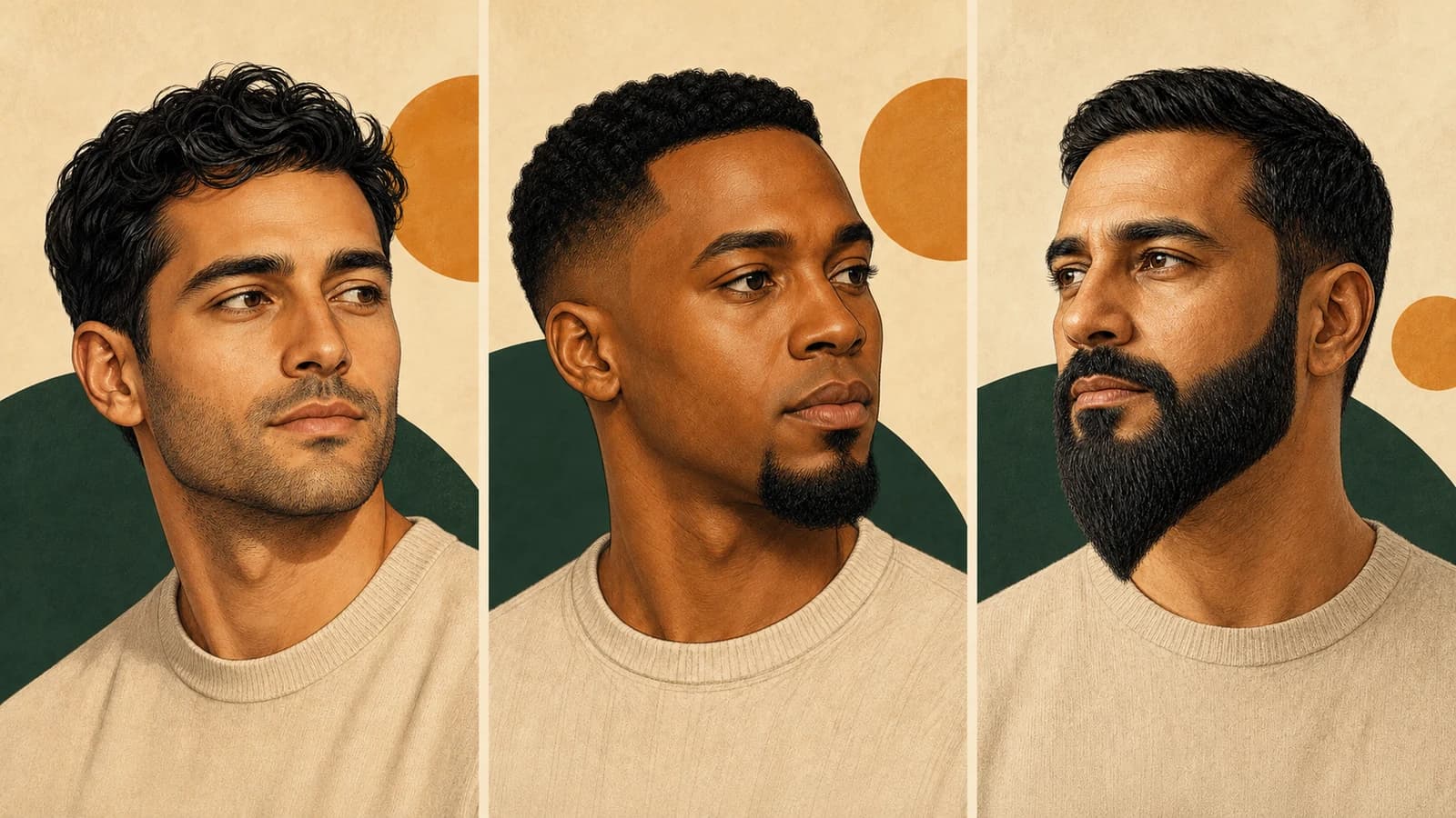 2026 Beard Style Guide: Choose for Growth, Face Shape, and Maintenance AI illustrations of Stubble, a chin-only Goatee with bare upper lip, and a pointed Ducktail from left to right