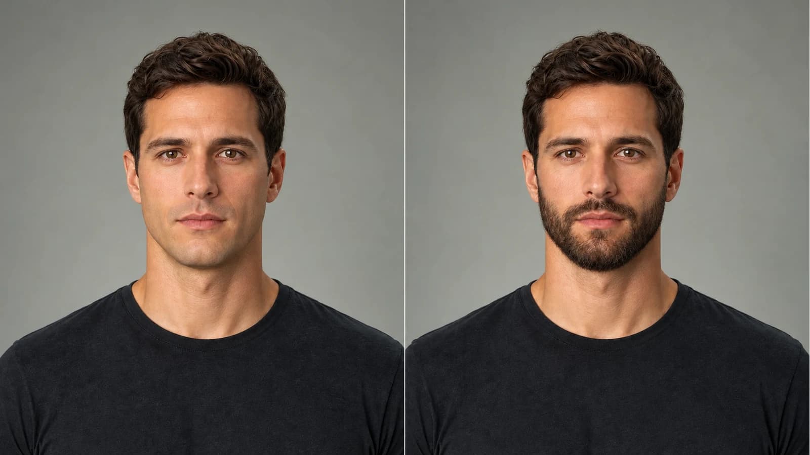 Preview Beard Styles Before You Grow or Trim AI illustration of the same man, clean shaven on the left and with a connected Full Beard on the right