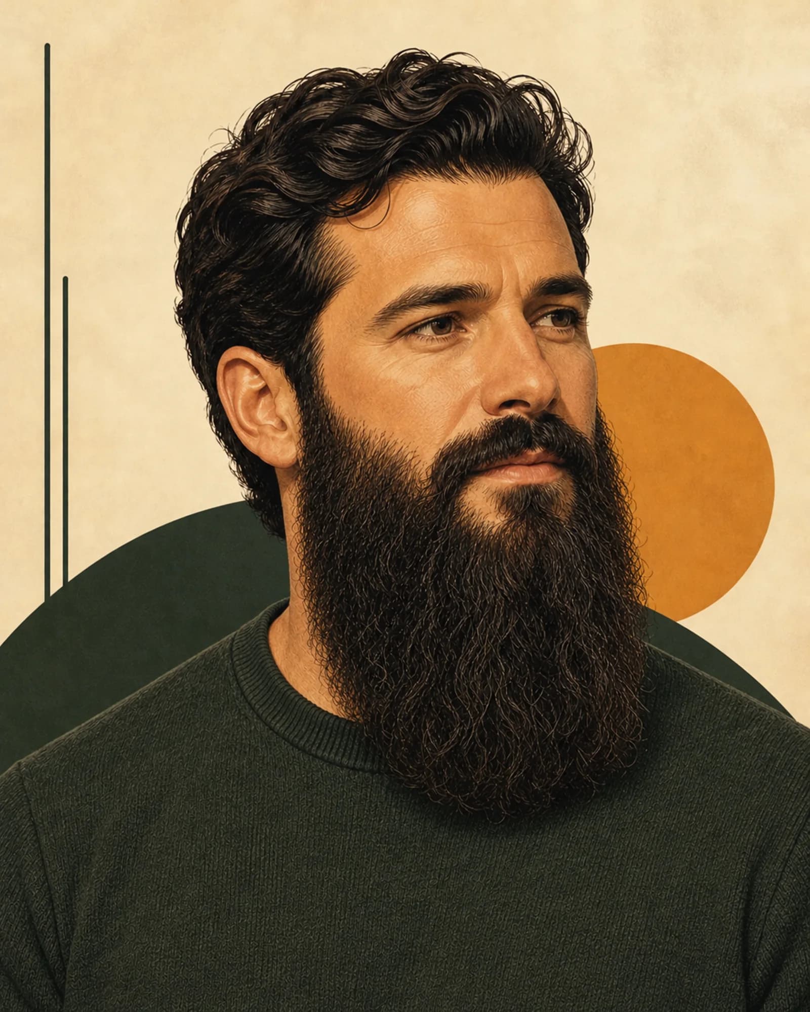 AI example of the same adult man with a long full beard extending well below the jaw toward the upper chest, with its entire lower edge visible