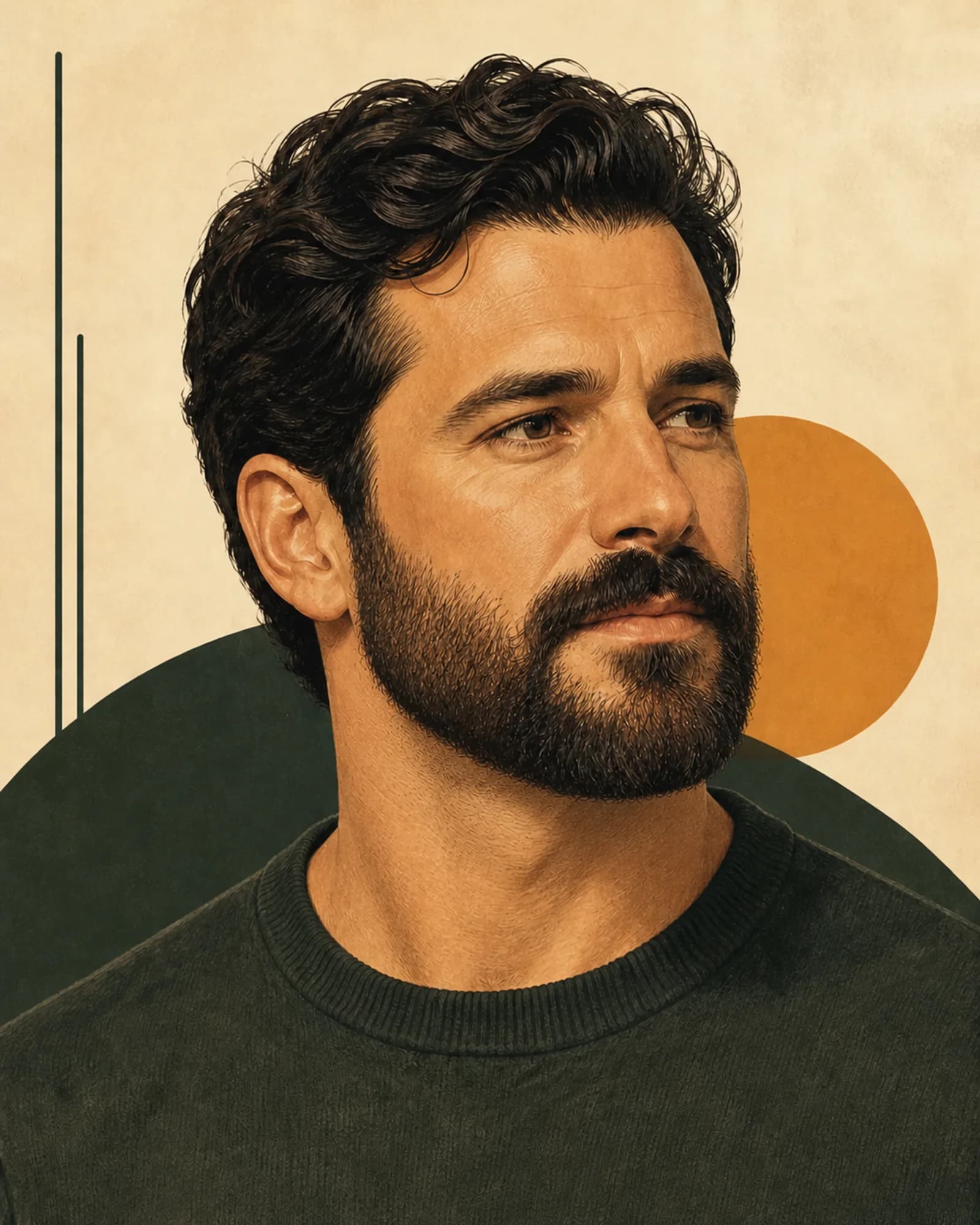 AI example of an adult man with a compact short full beard hugging the cheeks, jaw and chin, without a hanging beard body