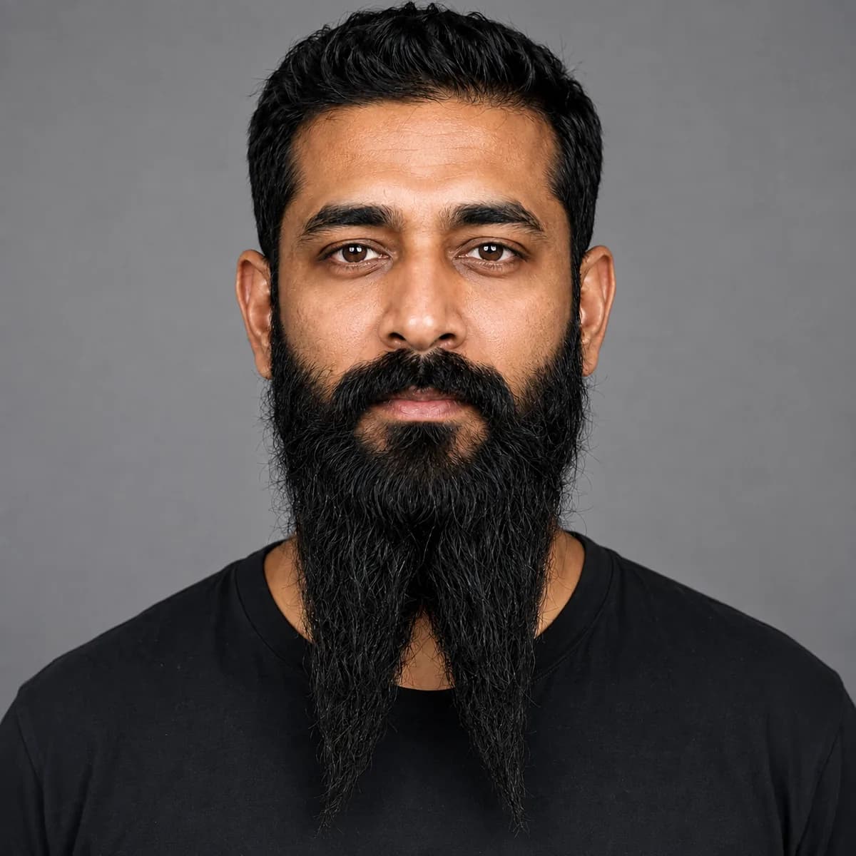 Close-up of a full connected beard with one substantial lower body separating naturally into two prongs