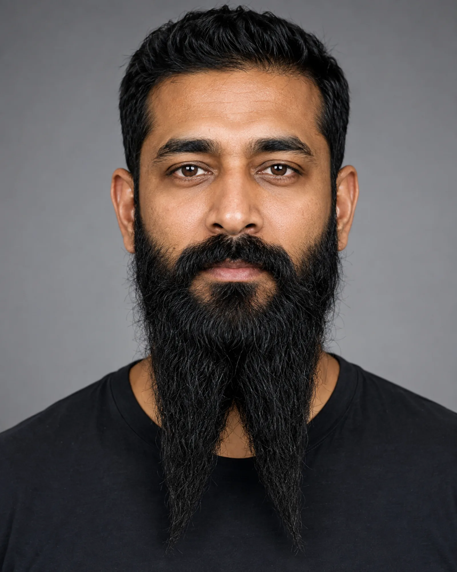 AI illustration of an adult man with a connected full French Fork beard dividing into two natural prongs below the chin