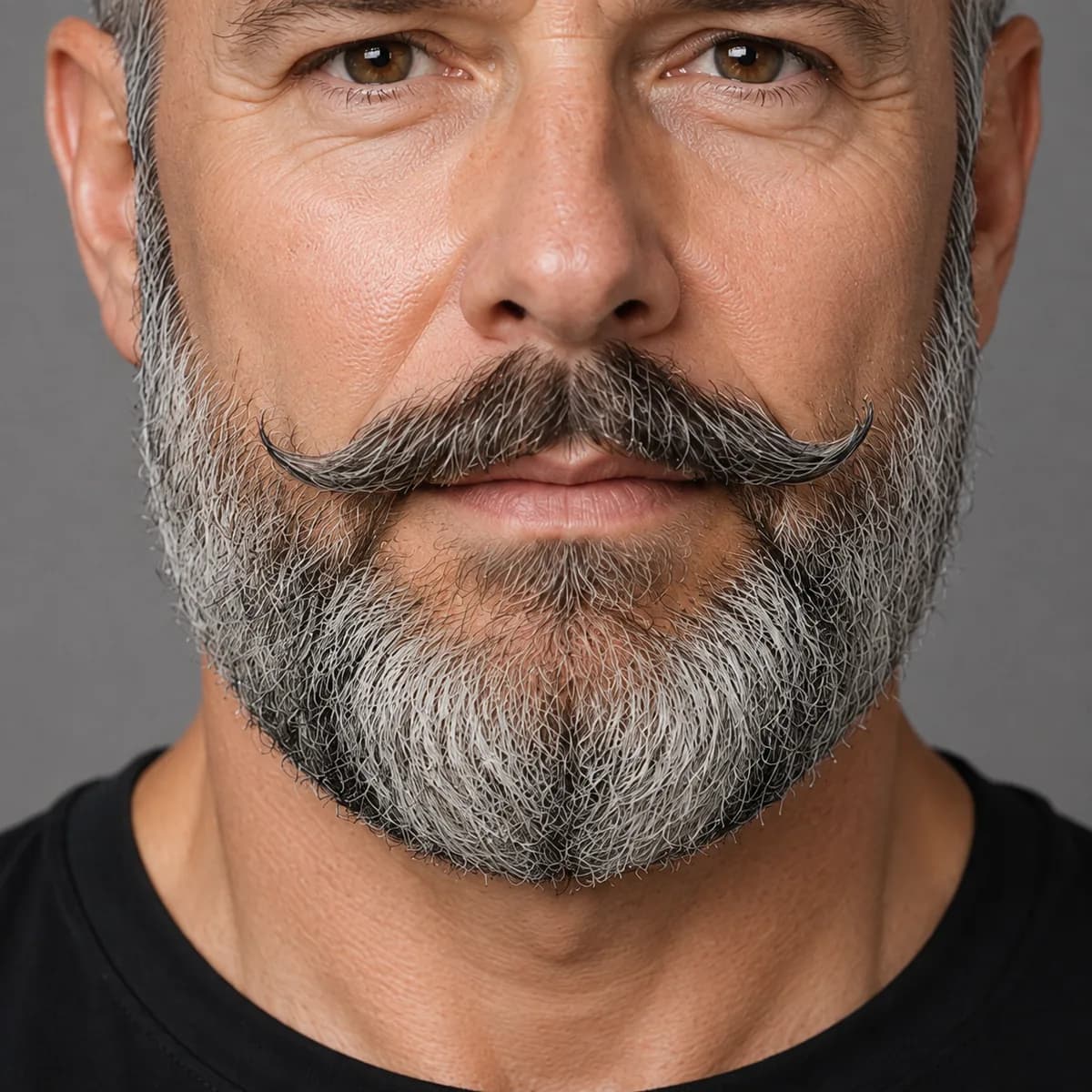 Close-up of rounded full-beard coverage with a controlled lower edge and groomed mustache tips resting visibly above it