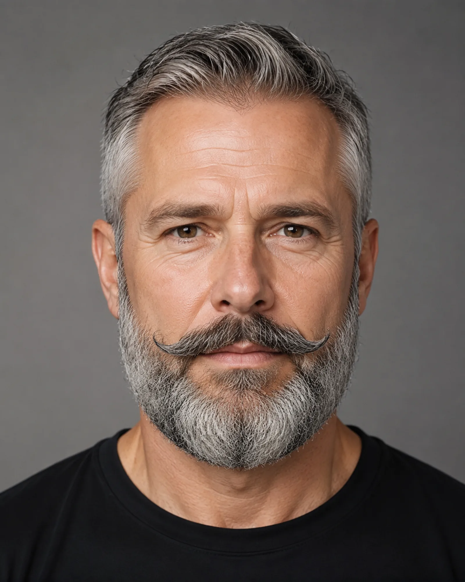 AI illustration of an adult man with a short rounded Verdi beard and prominent mustache tips styled above the beard